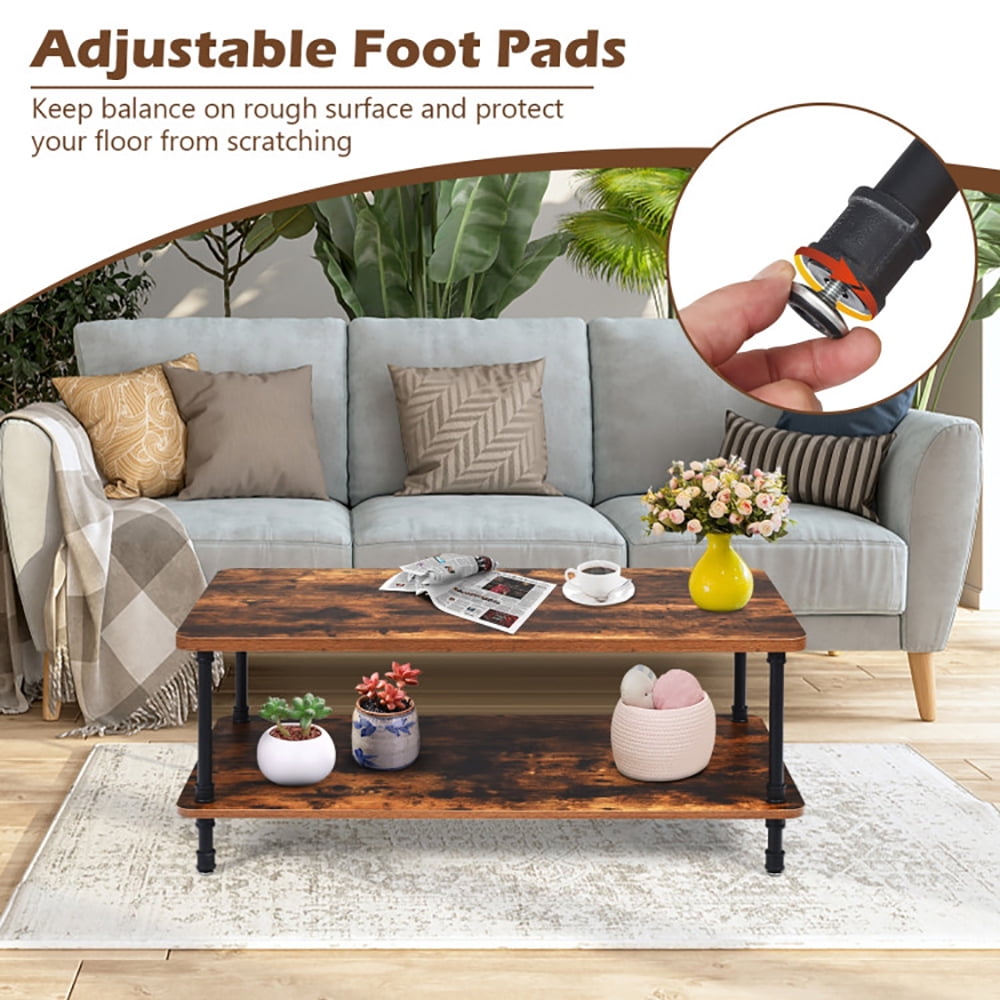 Finihen Rectangular Coffee Table, Industrial Vintage Coffee Table with 2-Tier Storage Shelf, for Living Room, Reception Room, Office, Brown Finihen Rectangular Coffee Table, Industrial Vintage Coffee Table with 2-Tier Storage Shelf, for Living Room, Reception Room, Office, Brown