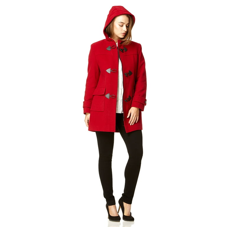 De La Creme Red Womens Wool Cashmere Winter Hooded Duffle Coat