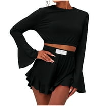 Sweatsuits Women 2 Piece Outfit Long Sleeve Top Loose Shorts Set Solid Color Casual Tracksuit Lace Tee Suit (Black L)