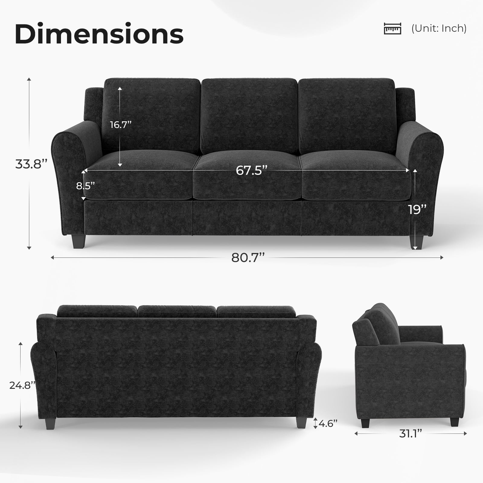 Ebello Modern Sofa Couch, 3-Seater Upholstered Couches with Thick Cushions for Living Room and Bedroom, Black