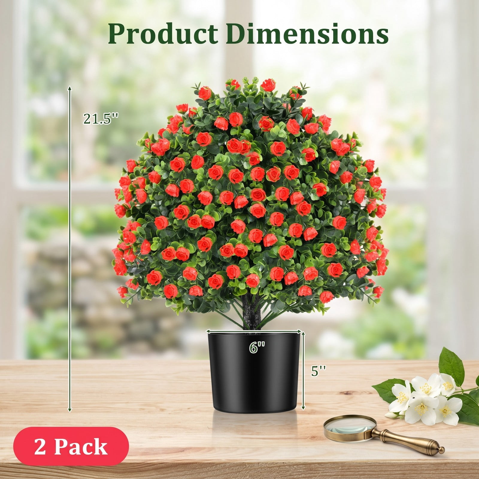 ALPULON 2 Pack Artificial Rose Topiary Ball Tree 21.5 Inch Faux Shrub Bushes with Red Flowers and Cement Base for Front Porch Home Office Decor, Red