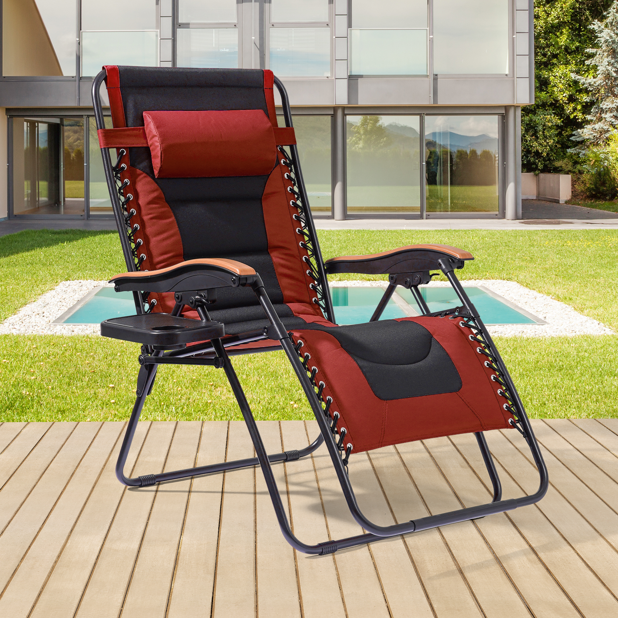 Sonerlic 1Pcs Outdoor Patio Adjustable Padded Zero Gravity Chair with a Side Tray for Patio, Deck, Poolside and Garden,Red - image 1 of 9