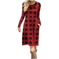 thumbnail image 2 of Kilaqueen Empire Waist Fall Dresses for Women Classic Plaid Long Sleeve Long Dresses with Pockets Crew Neck Loose Knee Length Vocation Outfits, 2 of 7