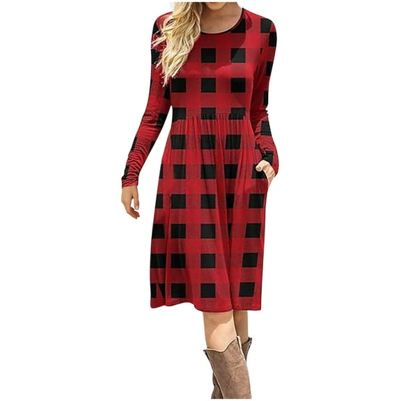 ZQUUVOU Women's Red Plaid Dress Long Sleeve Print Round Neck Side Pockets Knee Length Outfit Casual Fall Wear Red