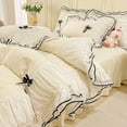 thumbnail image 3 of Juego de cama Kawaii Seersucker para niñas, falda de cama de encaje con volantes y lazo de princesa, juego de funda nórdica de color sólido agradable para la piel, tamaño Queen y King, 3 of 6