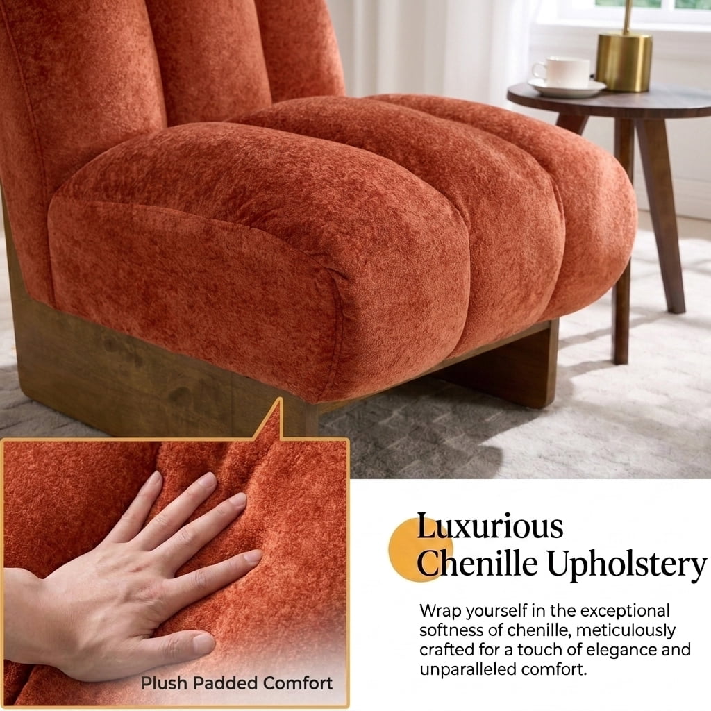 MOONMISS Modern Chenille Fabric Armchair with Wood Legs, Comfy Upholstered Reading Accent Chairs for Living Room,Orange