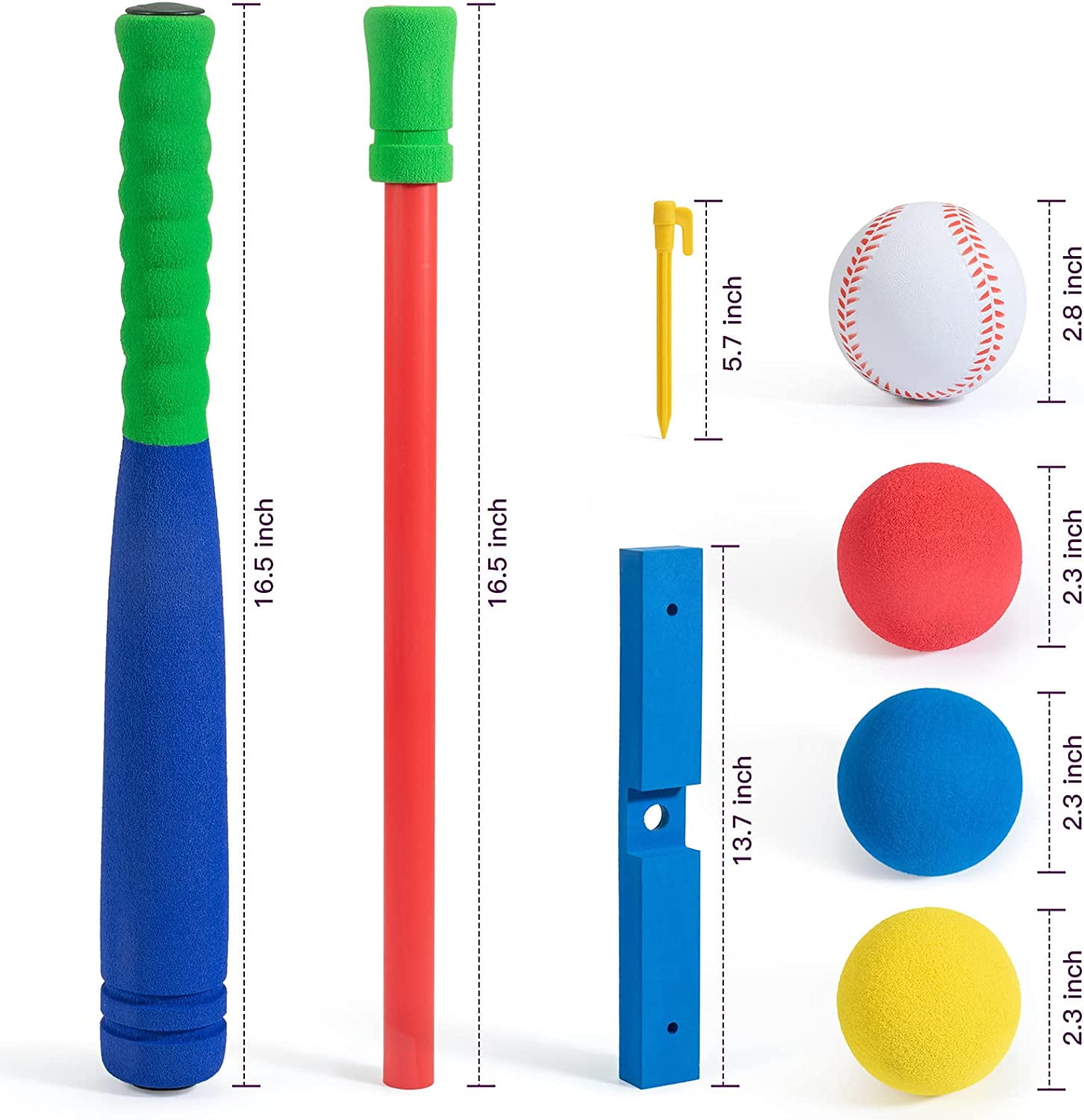 CELEMOON  16.5 inch Foam T Ball Kids Baseball Softball Bat Set Batting Tee, 8 Colored Balls Included + Carry Bag, for Toddler 2 3 4 Years Indoor Outdoor Sport Playing Toys, Blue