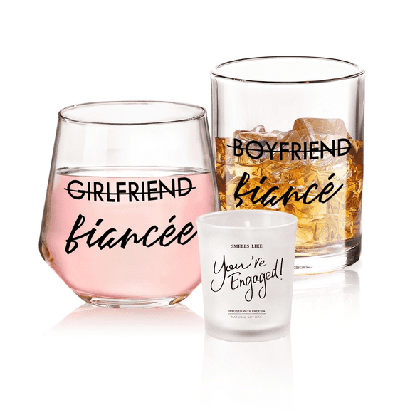Engagement Gifts for Couples, 10 oz Whiskey and 12 oz Wine Glass Set, Newly Engaged Fiancee & Fiance Gifts for Women, Fade-Resistant, Beautiful  Proposal Decorations & She Said Yes Present