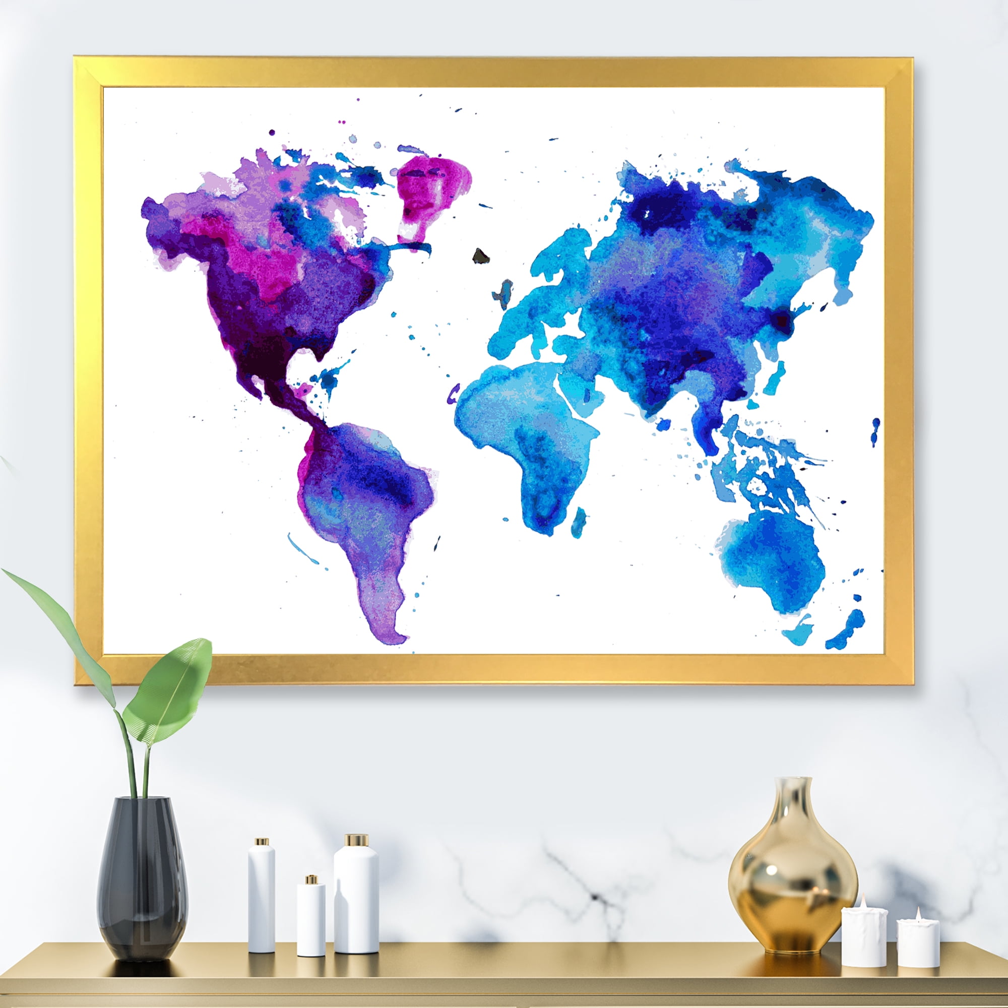 Designart 'Blue and Purple Map Of The World' Modern Framed Art Print