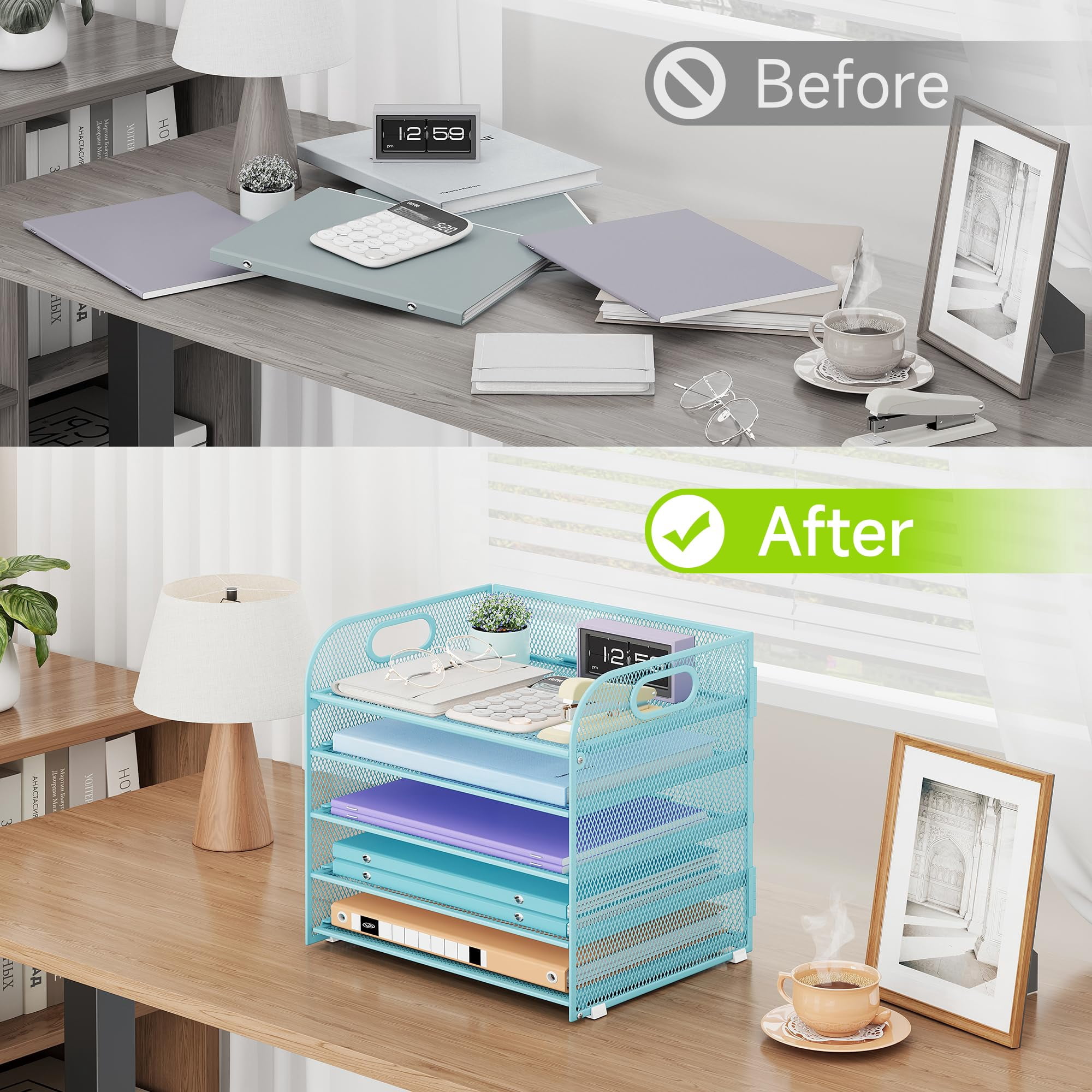 5 Tier Paper Organizer With Handle  Blue Metal Mesh Desk File Folder Letter Tray Desktop Document Sorter For Classroom School Office Accessories Organization And Storage