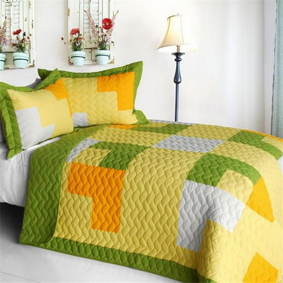 Zing - Vermicelli-Quilted Patchwork Geometric Quilt Set  Full & Queen Size - Yellow
