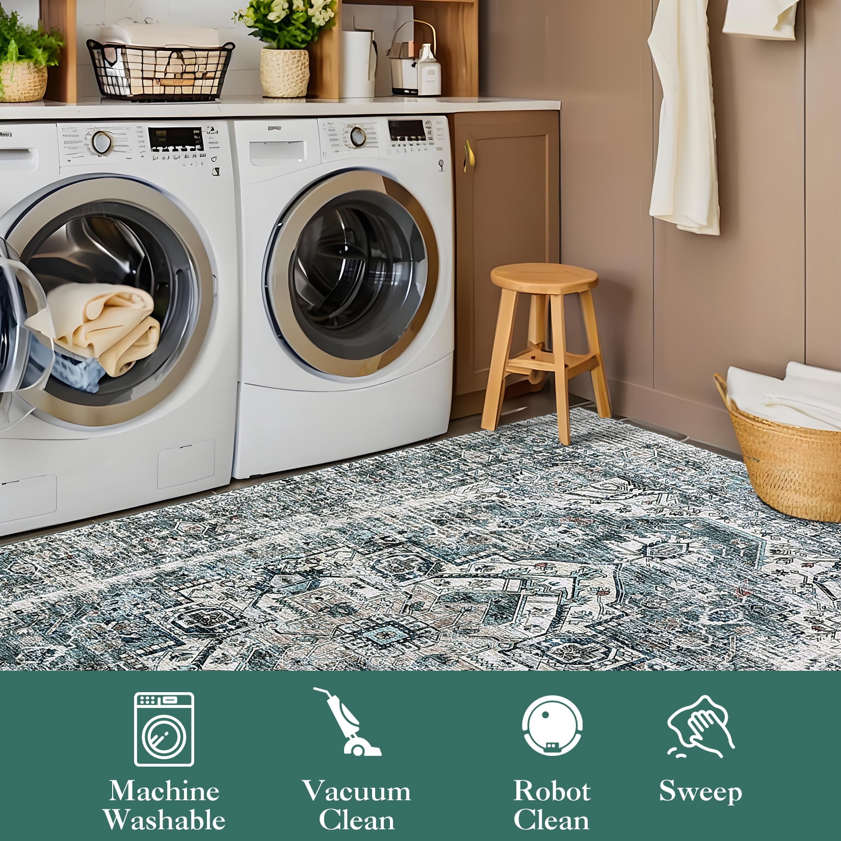 Hasoo Area Rug for Living Room 8' x 10' Vintage Carpet Machine Washable Rugs Bedroom Blue/Green