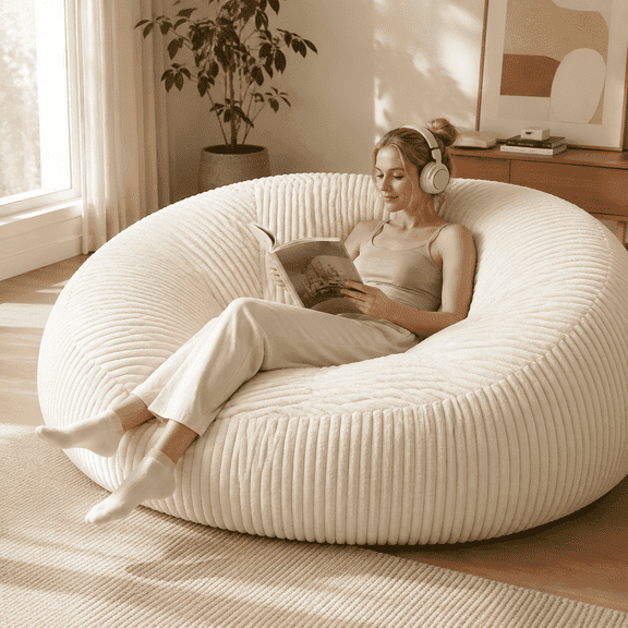 Sanae 6FT Strip Corduroy Bean Bag Chair, High Density Sponge Lounge Sofa for 2 Adults, White