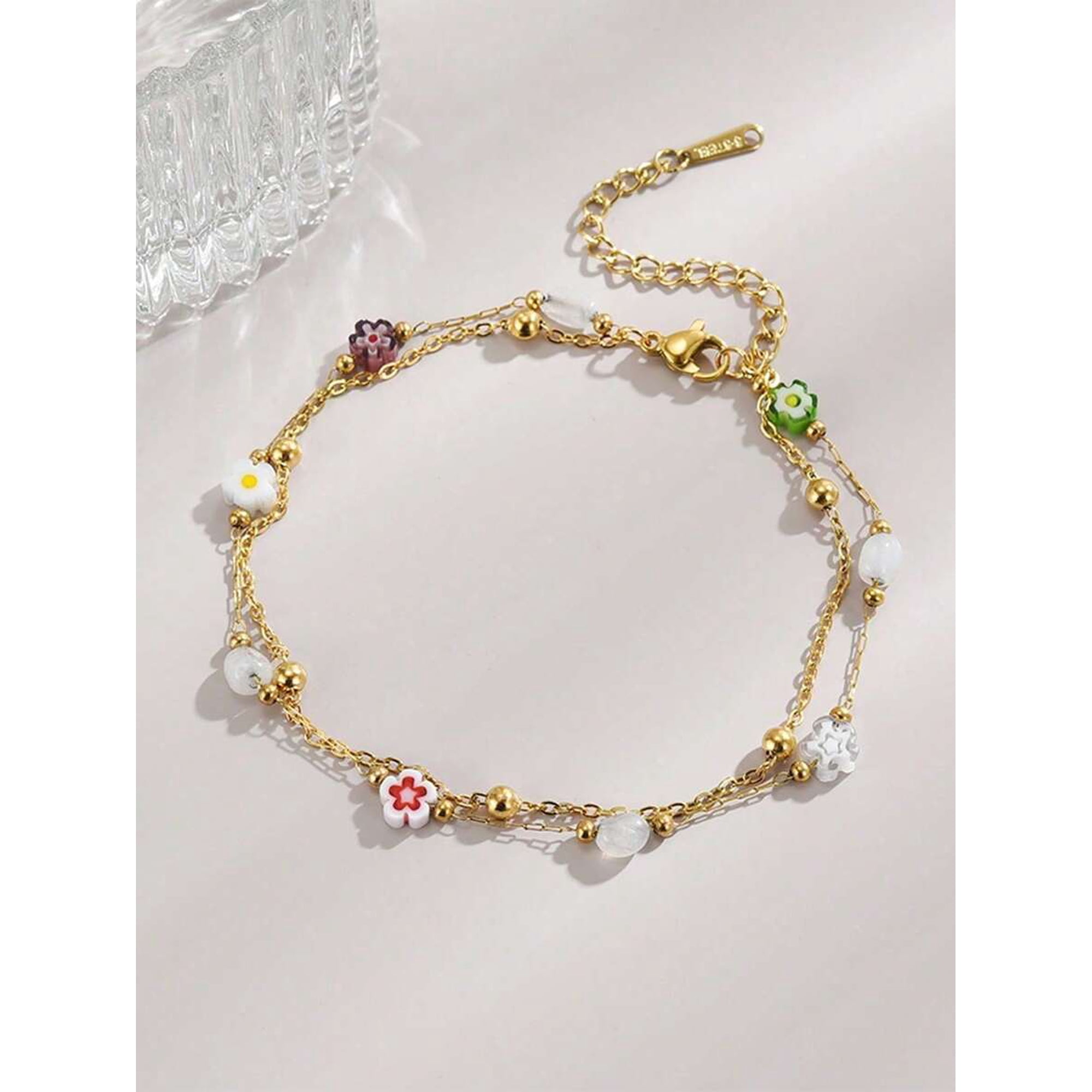 Double Strand Multicolor Floral Anklet in Goldtone, 20-25cm