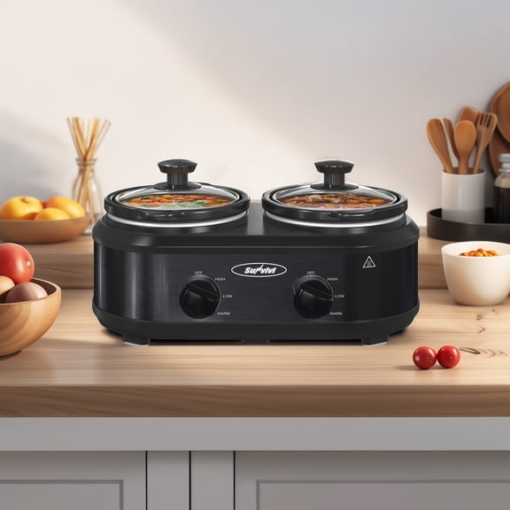 Sunvivi Small Double Slow Cooker, 2 Pot 1.25 Quart Oval Crock Food Warmer Buffet Server, Stainless Steel, Black