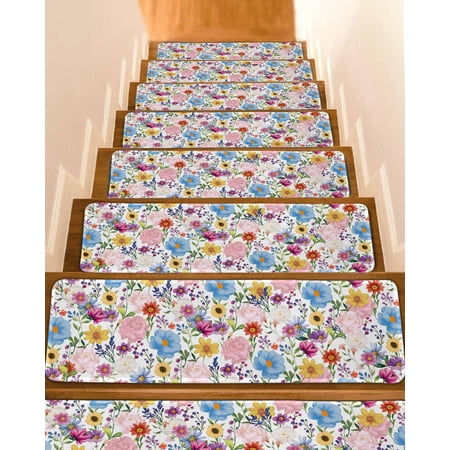 Colorful Floral Spring Stair Treads for Wooden Steps Indoor Runner Rug Carpet Country Watercolor Botanical 4 Pieces Peel and Stick Staircase Step Treads Covers Washable Throw Door Mats 30 x8