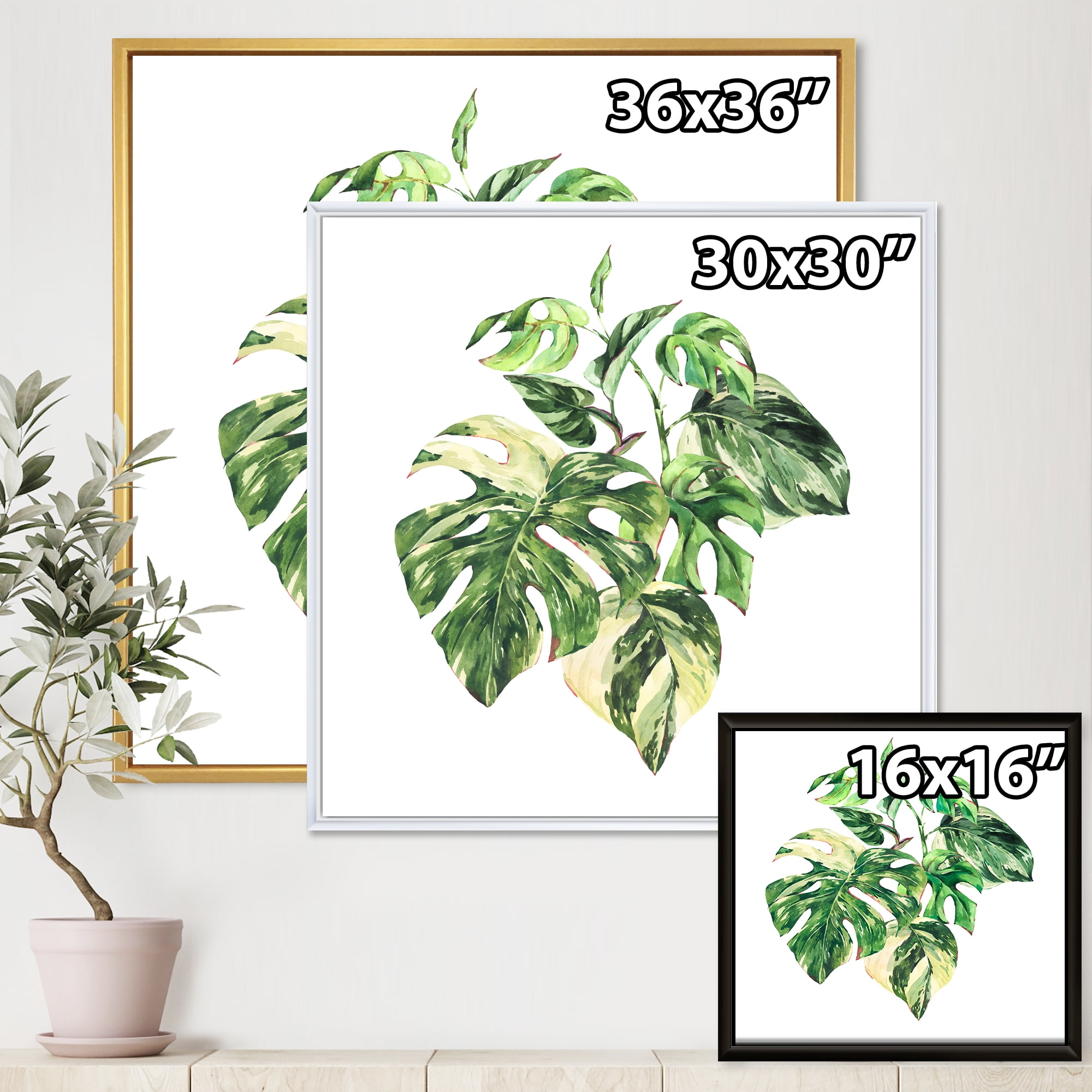 Designart 'Tropical Green Leaves On White In Summer Times I' Tropical Framed Canvas Wall Art Print