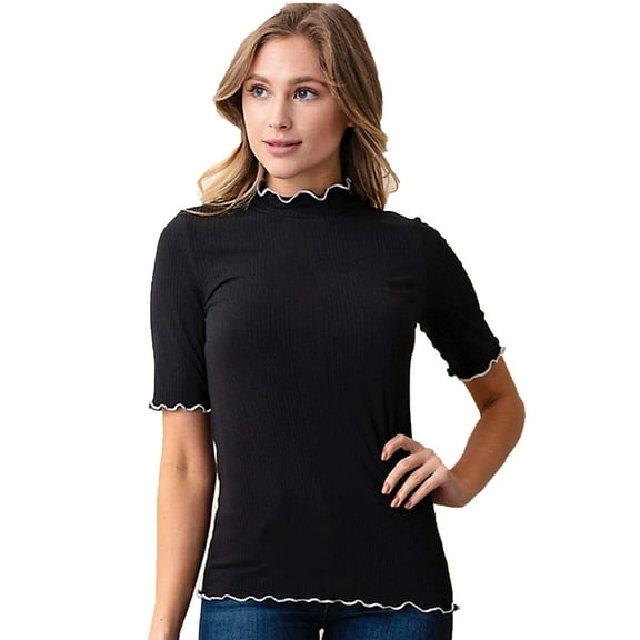 Ribbed Top w Wavy Contrast Trim - Black - S to XL