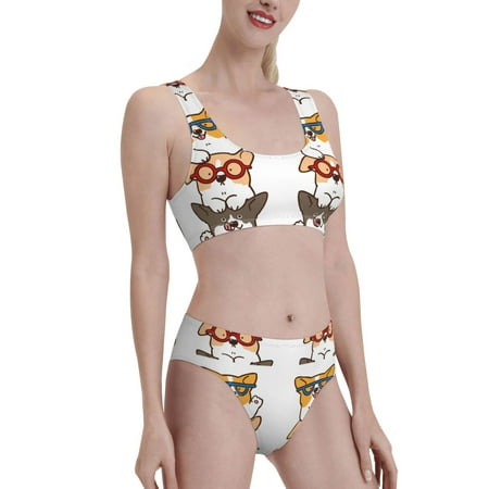 Uemuo Corgi Dog2 Printed Women s High Waisted Bikini Sets Sporty Two Piece Swimsuits Color Block Cheeky High Cut Bathing Suits-X-Large