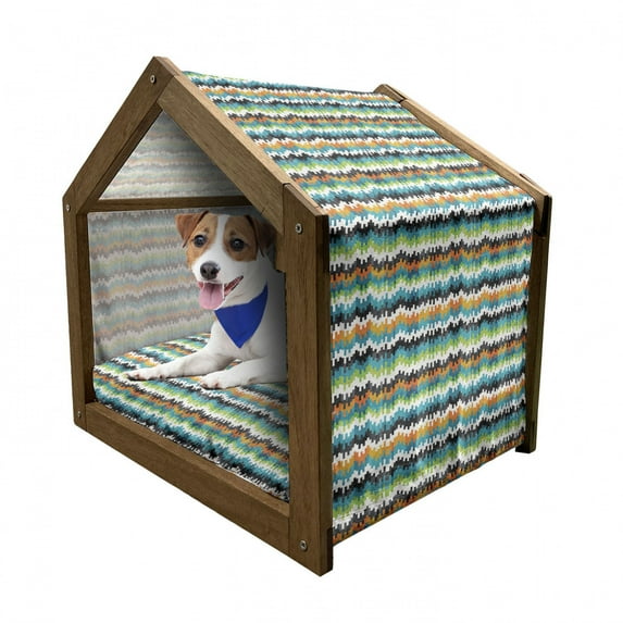Geometric Pet House, Abstract Trippy Funky Digital Complex Forms Creative Mosaic Technology Motif, Outdoor & Indoor Portable Dog Kennel with Pillow and Cover, 5 Sizes, Multicolor, by Ambesonne