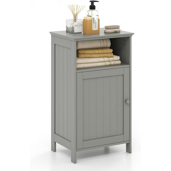 Bathroom Storage Cabinet, Freestanding Wooden Single Door Side Floor Organizer with Adjustable Shelf, Small Bathroom Cabinet for Small Spaces, Living Room (Grey)