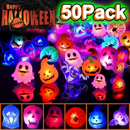Monebena 50pcs Halloween LED Rings, Halloween Party Favors Glow in the Dark Party Supplies, Halloween Light Up Rings Perfect for Trick or Treat Gifts and Halloween Favors M01
