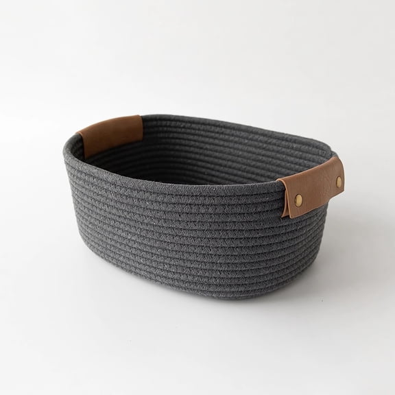 HPZZ Small Cotton Woven Basket with Leather Handle, Baby Kids Clothes Toys Candy Gifts Cotton Rope Organizer, Living Room Basket Bathroom Shower Storage Laundry Basket, Dog Cat Bed,