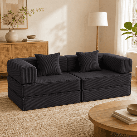 Black 2‑in‑1 Convertible Modular Sofa Bed, Corduroy Floor Sleeper Couch with 2 Pillows, Free‑Combination Deep Seat Sofa for Small Apartment