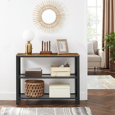VASAGLE Mesa de Consola, Mesa de Pasillo con 2 Estantes de Malla, Aparador, para Salón, Pasillo, 101,5 x 35 x 80 cm, Metal, Diseño Industrial, Marrón Rústico Negro