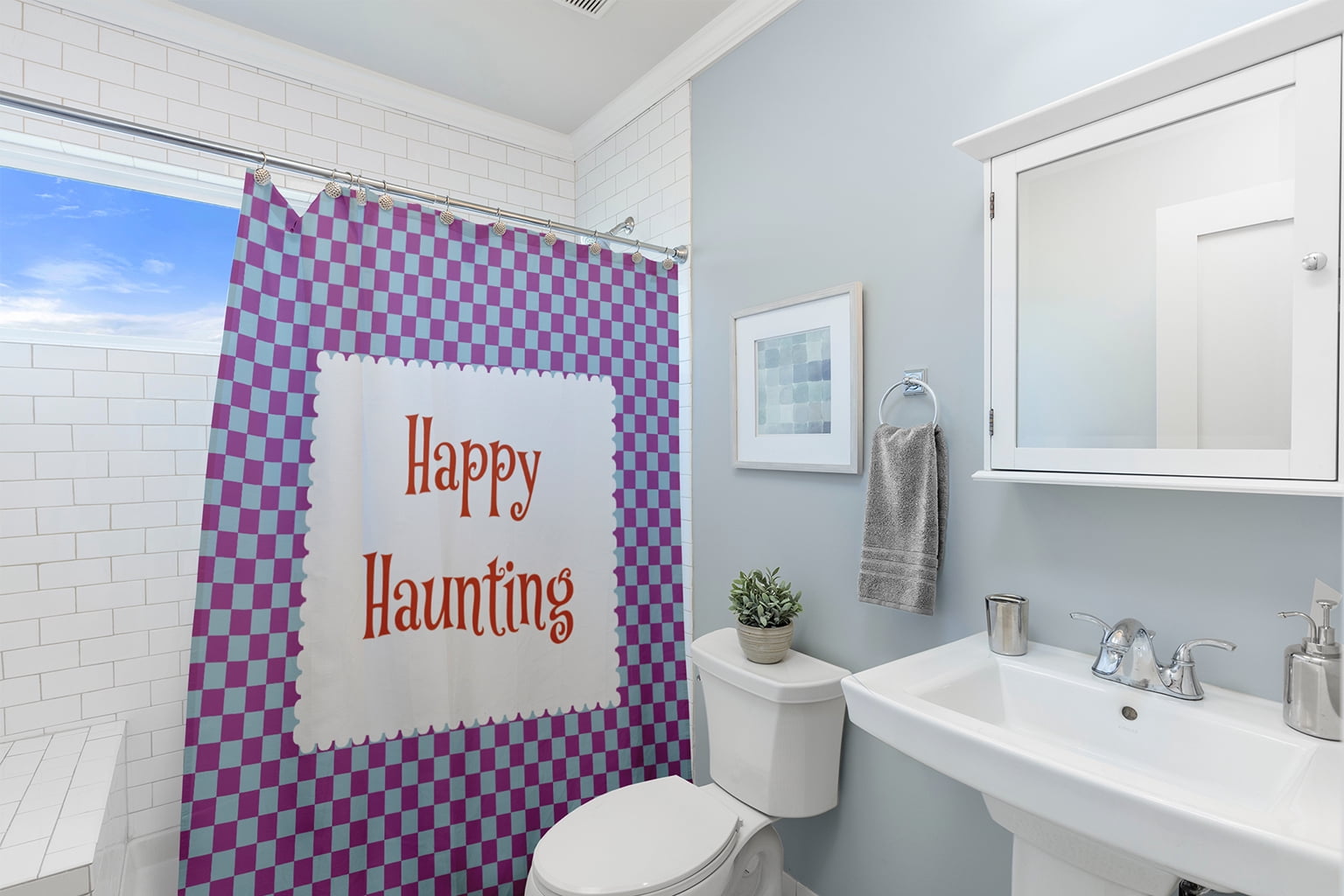 Simply Daisy 70" W x 73" L Halloween Happy Haunting Checks Polyester Shower Curtain, Orchid [1 Ct]