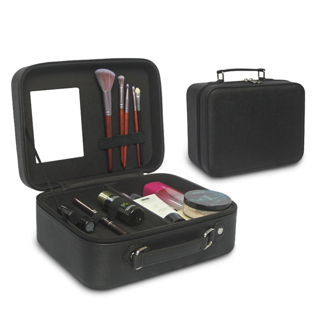 Travel Makeup Case with Mirror - Partitionable Cosmetic Makeup Train in black PU leather. The case features a compact design with a carrying handle, a built-in high-definition mirror, and customizable compartments with detachable partitions. The interior is shown holding makeup brushes, skincare bottles, and cosmetics, demonstrating its versatile storage capacity. The durable and waterproof material ensures protection from spills and moisture, making it ideal for travel or daily use.