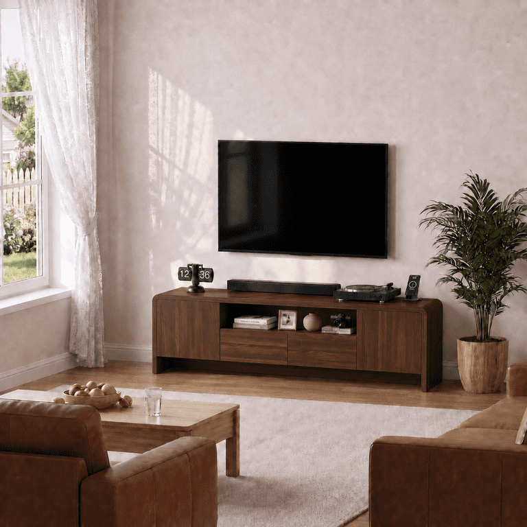Lacoo 70 Inch TV Stand for 55-75 Inch TVs, Entertainment Center with 2 Drawers and Storage Cabinets, Media Console for Living Room , Walnut