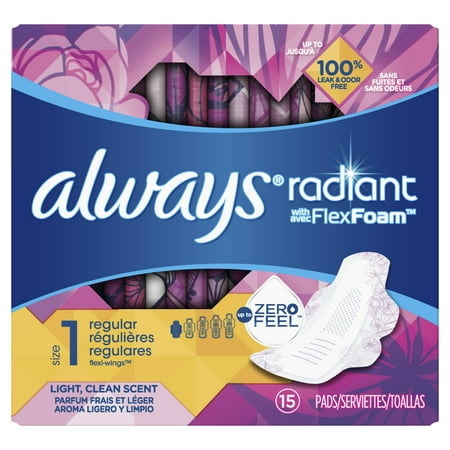 ALWAYS Radiant Regular Sanitary Pads Size 1 Light Clean Scent With Wings, 15 (Best Protection For Heavy Periods)
