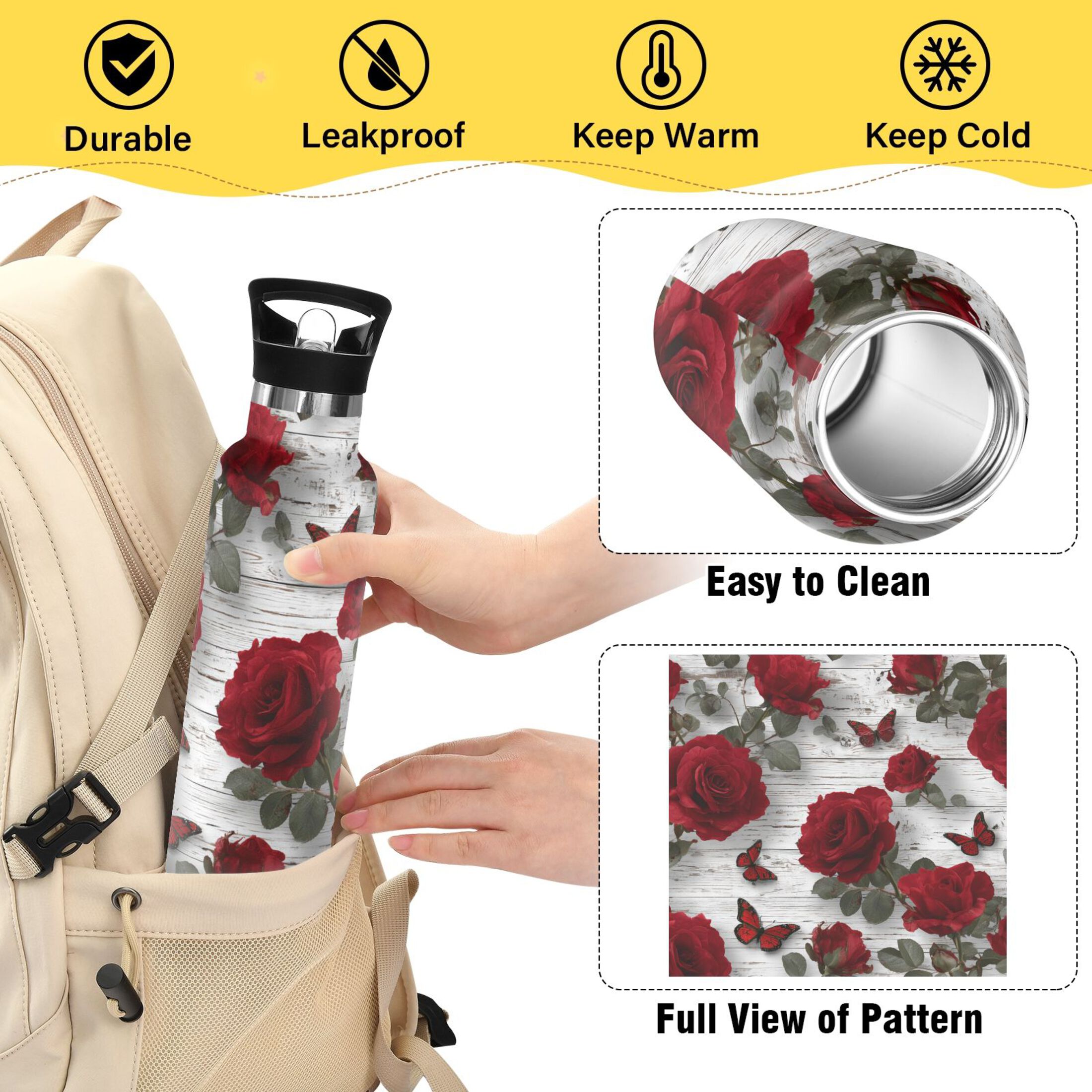 Kids Insulated Stainless Steel Sports Water Bottle 600ml (20oz) Roses and Butterflies Pattern