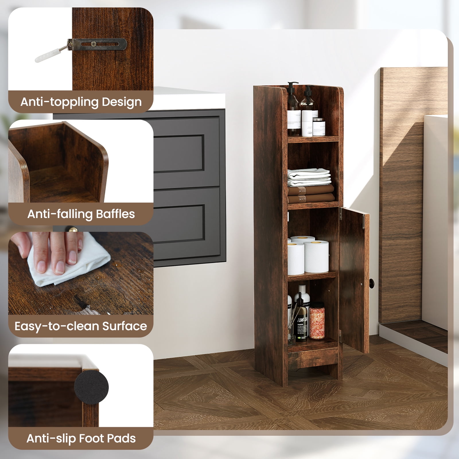 Giantex Slim Corner Bathroom Cabinet, Narrow Floor Cabinet w/ 3-Level Adjustable Shelf, Freestanding Storage Organizer, Brown