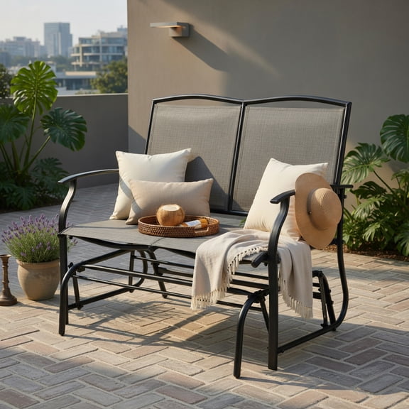 Hommoo Heavy-Duty Steel Outdoor Rocking Loveseat Chair, Textilene Patio Rocker for Backyard, Lawn, Deck or Indoor Living Space, Gray