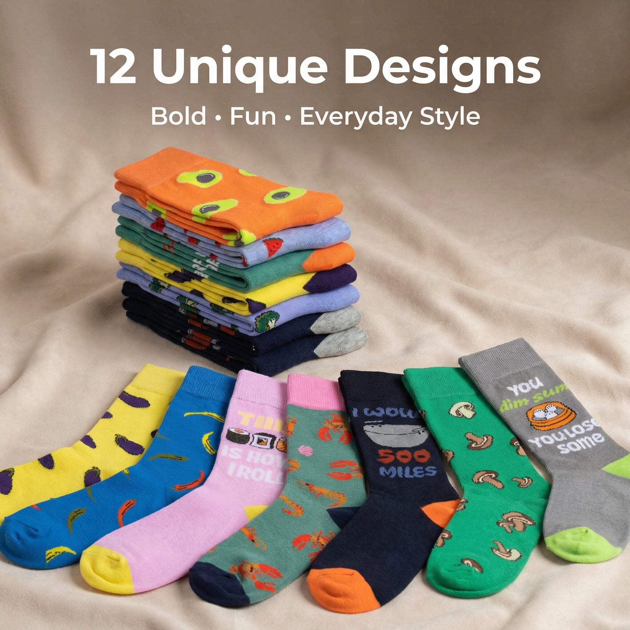JAMES FIALLO Mens Gift-Ready Novelty Crew Socks – Colorful Multipack with Trendy Designs (12 Pairs)