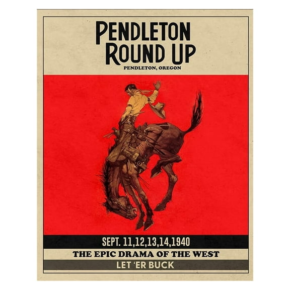 Pendleton Round-Up Rodeo Wall Hanging Cowboy Bronc Rider Rustic Home Decor Old West Art Western Canvas Printed On Premium Canvas With Real Walnut Wooden Hangers