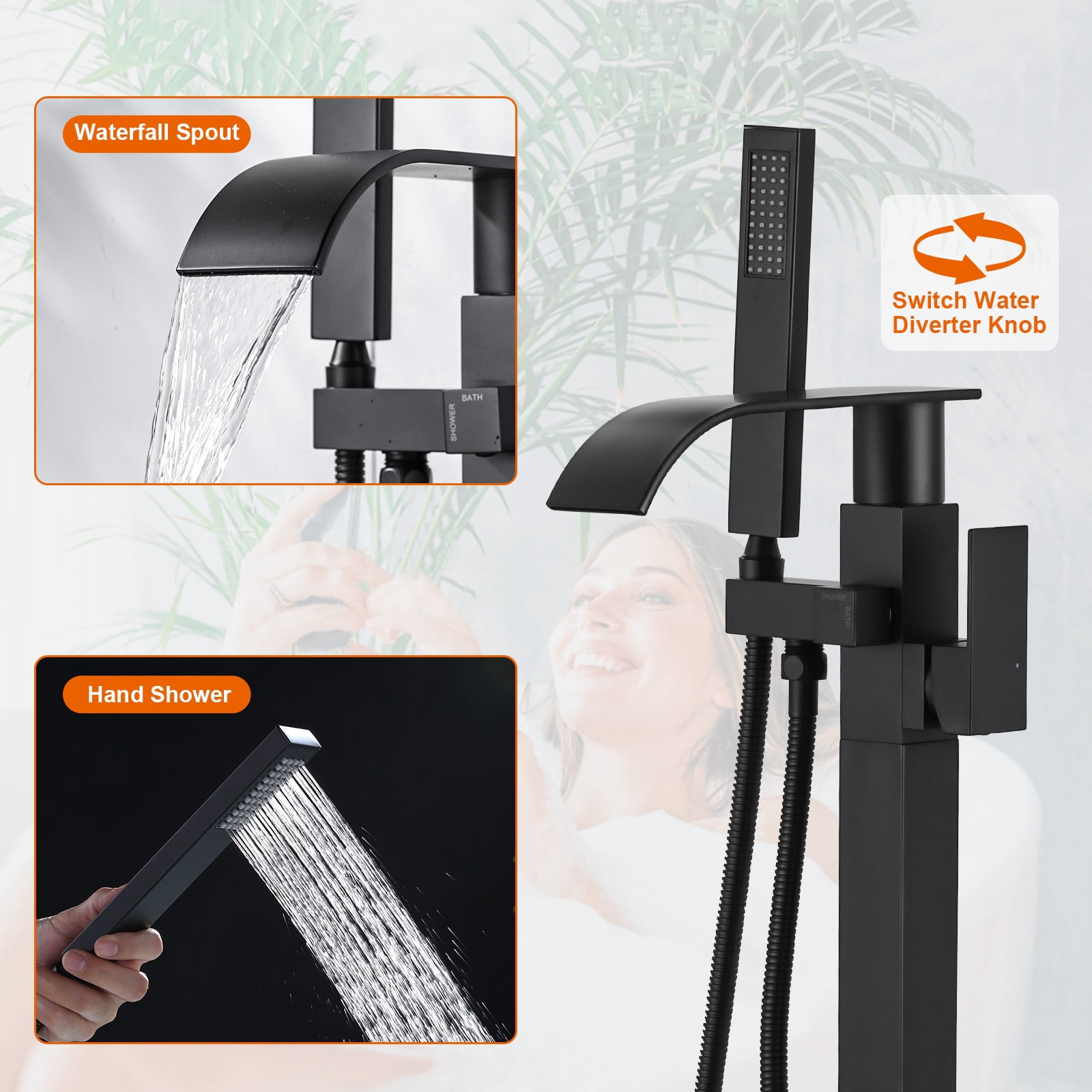 Wowow Brass Waterfall Single-Handle Floor Mount Freestanding Bathtub Faucet with Hand Shower and Supply Line in Matte Black
