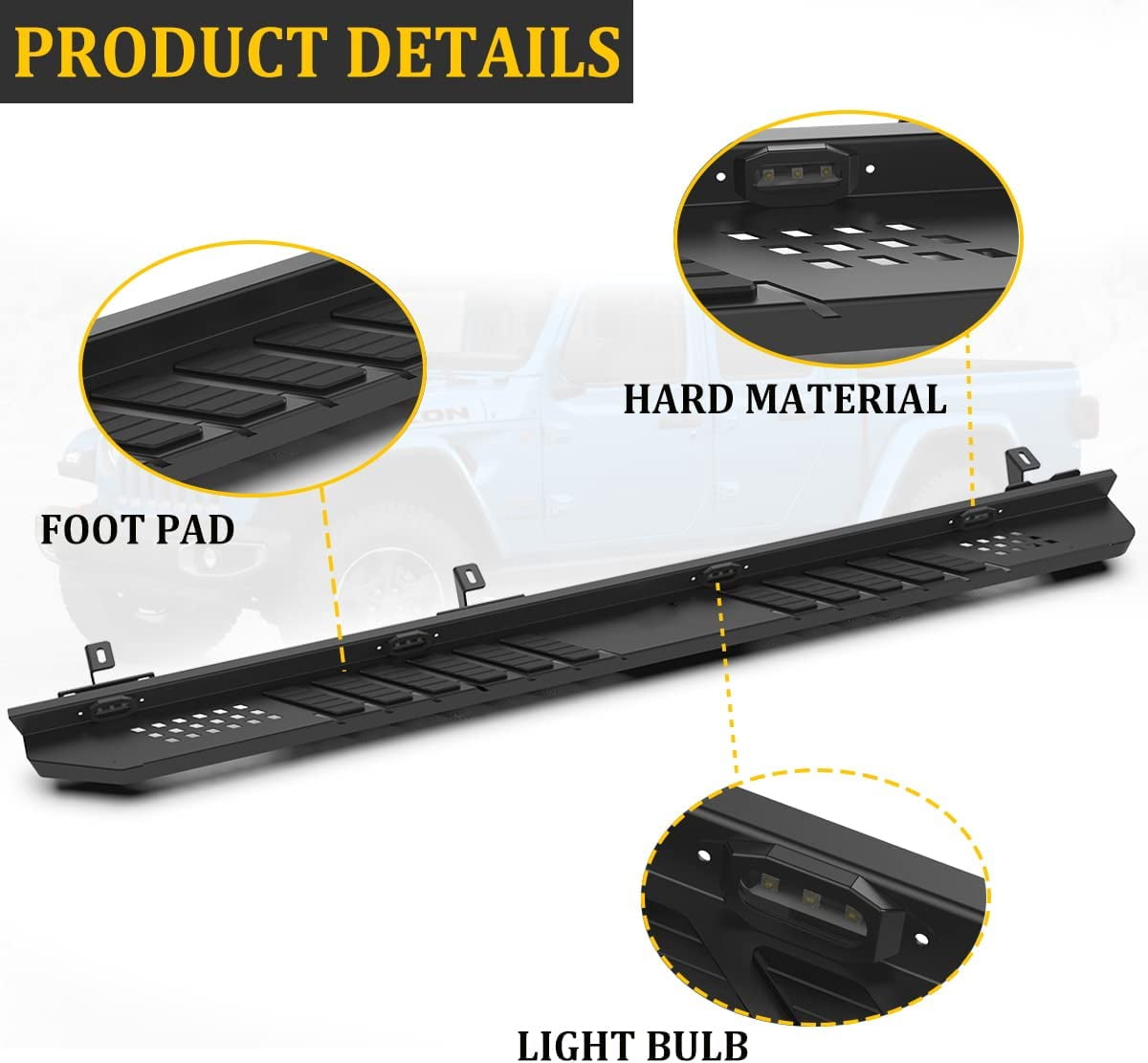 WOLFSTORM Running Boards Side Steps with LED Light for Jeep 2019-2023 JT Gladiator Pickup Trucks|6" Wide Rock Slider Car Door Nerf Bars Step Rails|4 Full Size Door|Texture Black