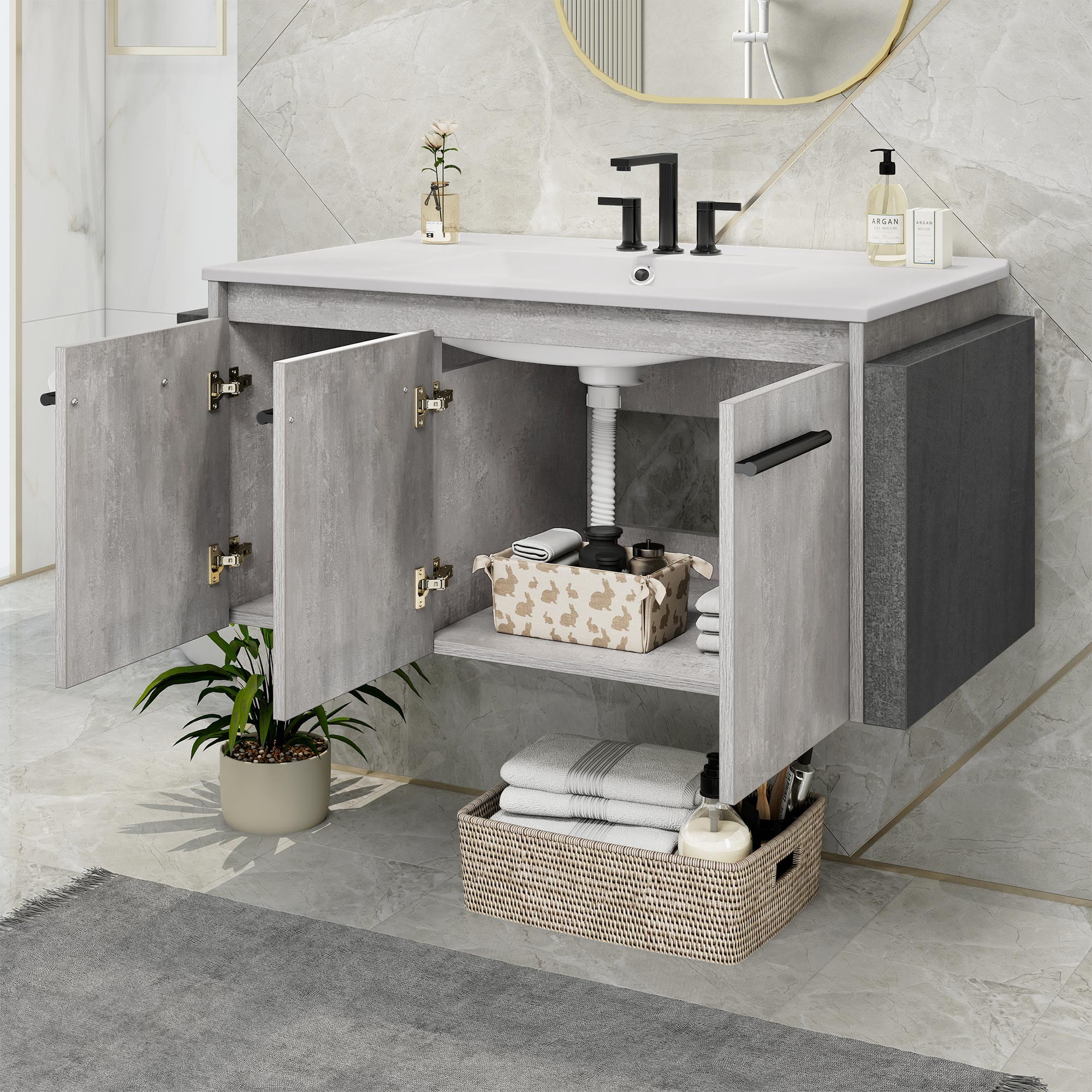 Uforic 36" Inch Wall Mounted Bathroom Vanity with Sink, Modern Floating Bathroom Sink Storge Cabinet , Gray