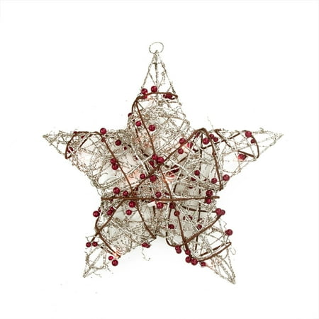 18 Lighted Champagne Gold Glittered Rattan Berry Hanging Star