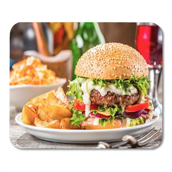 SIDONKU Colorful Hamburger American Burger Fried Potatoes White Plate Orange Mousepad Mouse Pad Mouse Mat 9x10 inch