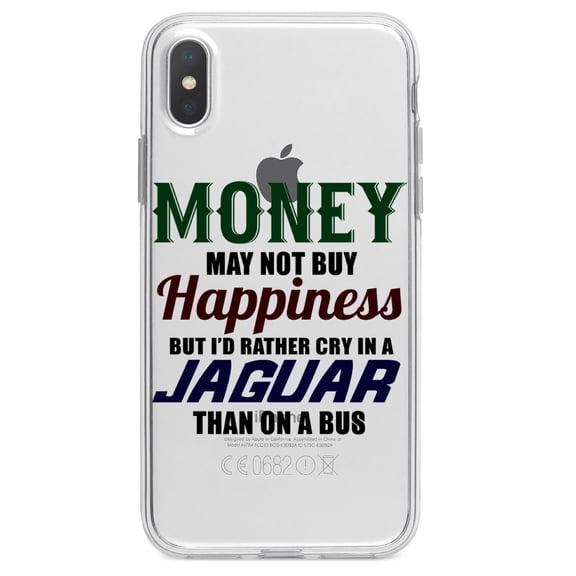 DistinctInk Clear Shockproof Hybrid Case for iPhone XR (6.1" Screen) - TPU Bumper Acrylic Back Tempered Glass Screen Protector - Money Can't Buy Happiness, Rather Cry in Jaguar