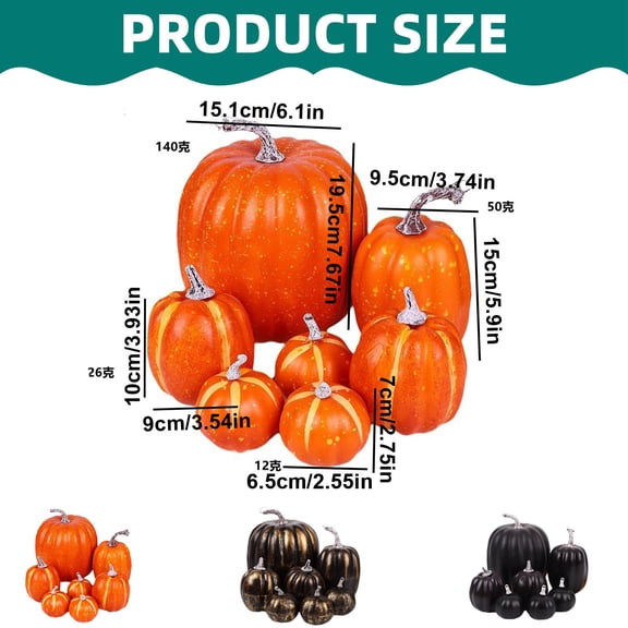 Set of 7 Orange Artificial Pumpkins Assorted Sizes for Halloween Fall Table Centerpiece Decor