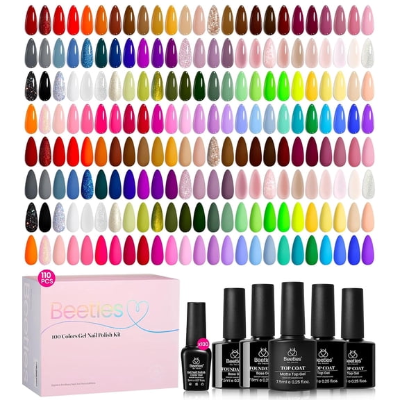 Beetles Gel Nail Polish Set - Chroma Dreams 100 Colors Gel Polish Kit | with 5 Pcs Base & Top Coat, Pink Blue Orange Purple Bright Pastel Shades, Soak Off UV LED Nail Art Gift for Women