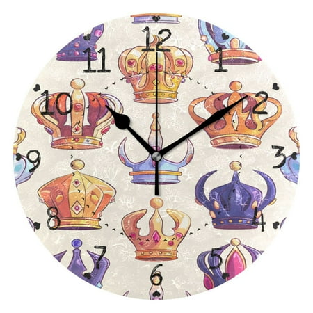 Colorful Crowns with Gems Round Wall Clock Silent Analog Battery Operated Black Pointer Home Decor 9.84 Diameter