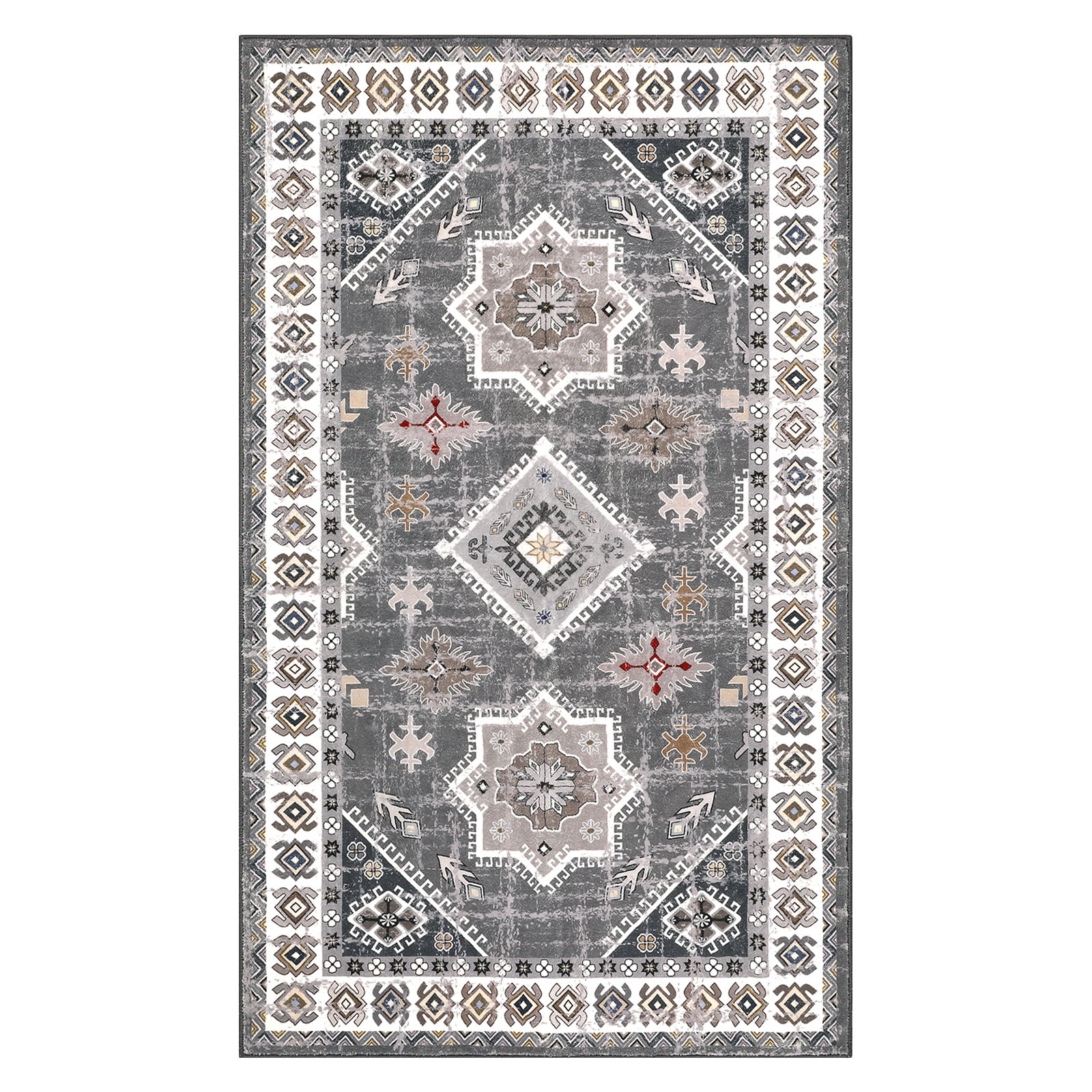MeyJey Oriental Indoor Area Rug 3'x5' Non-Slip Machine Washable Vintage Distressed Floor Carpet for Living Room Bedroom Dining Kitchen Hallway, Gray/Brown