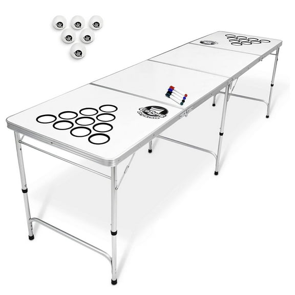 GoPong 8 Foot Portable Folding Pong Tailgate Game Table with 6 Balls, Dry Erase