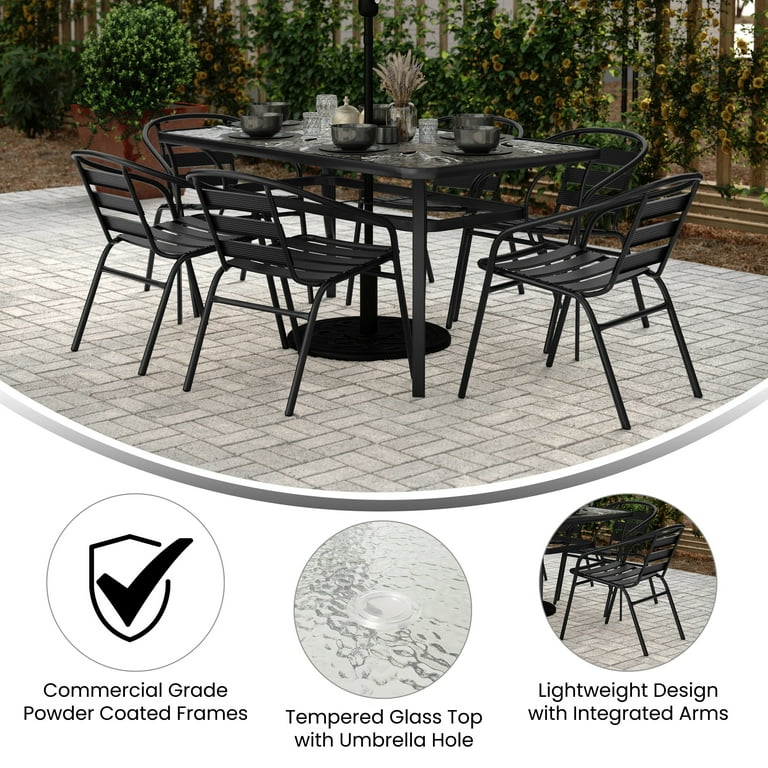 7 pc metal glass top patio table set with umbrella Lila 7 Piece Commercial Outdoor Patio Dining Set with 60 Tempered Glass Patio Table with Umbrella Hole and 6 Black Triple Slat Chairs